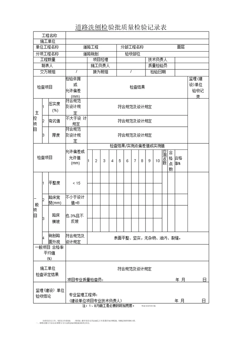 道路铣刨检验批质量检验记录表