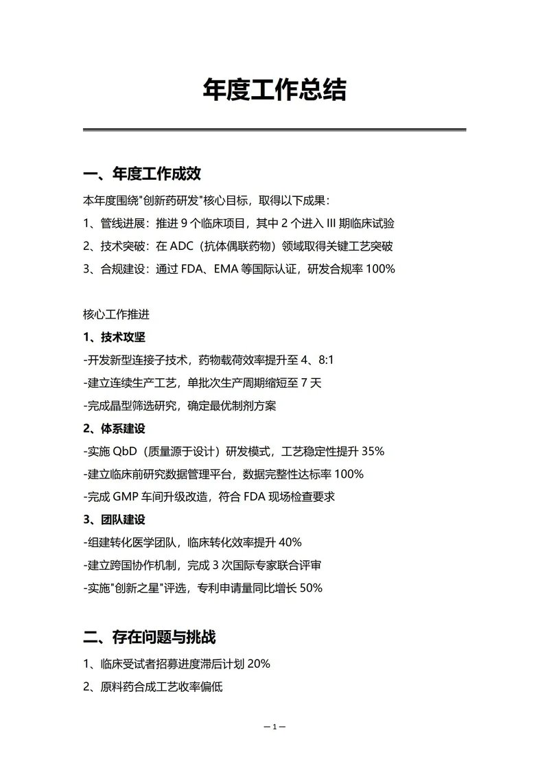 药品企业研发部门年度工作总结