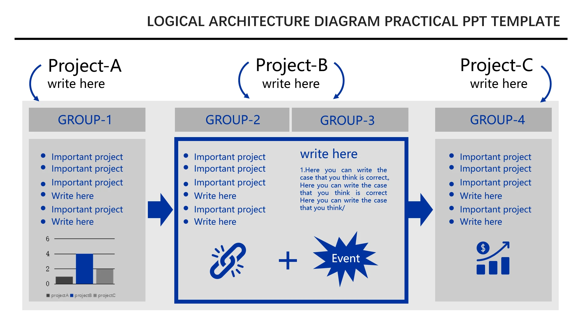 蓝色可视化数据逻辑图表英文版3项数据展示项目分析
