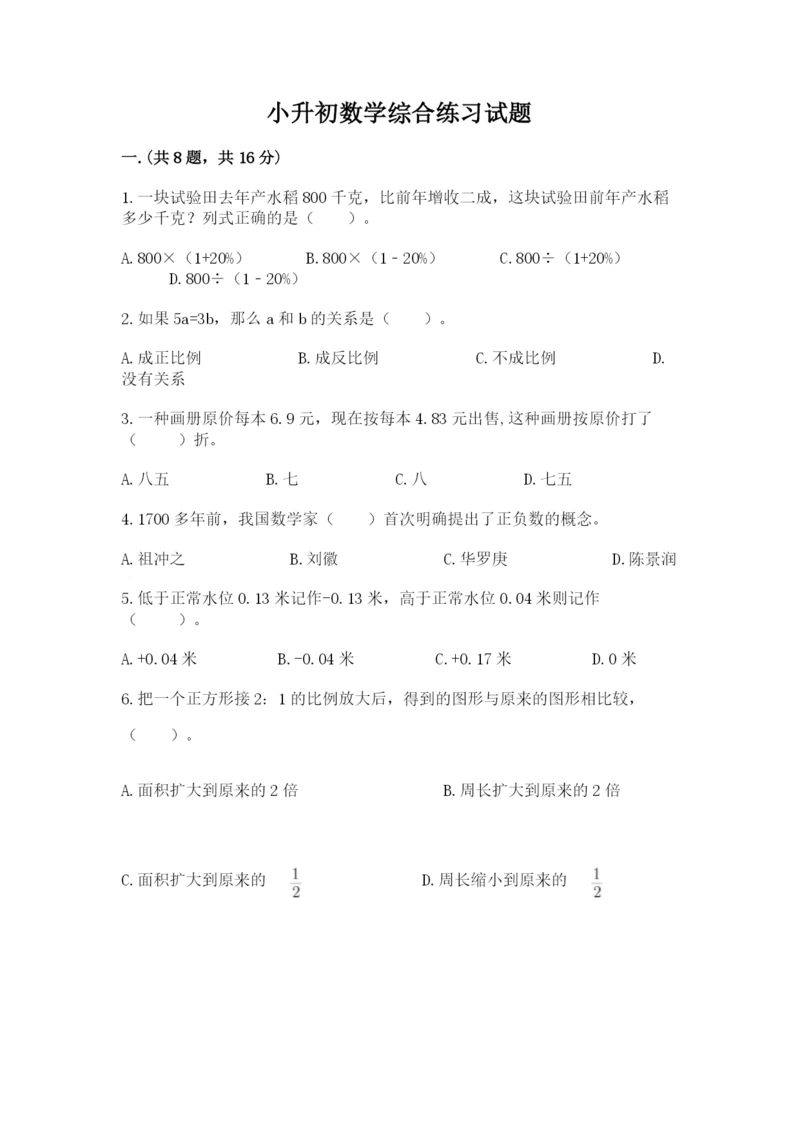 小升初数学综合练习试题（实用）.docx