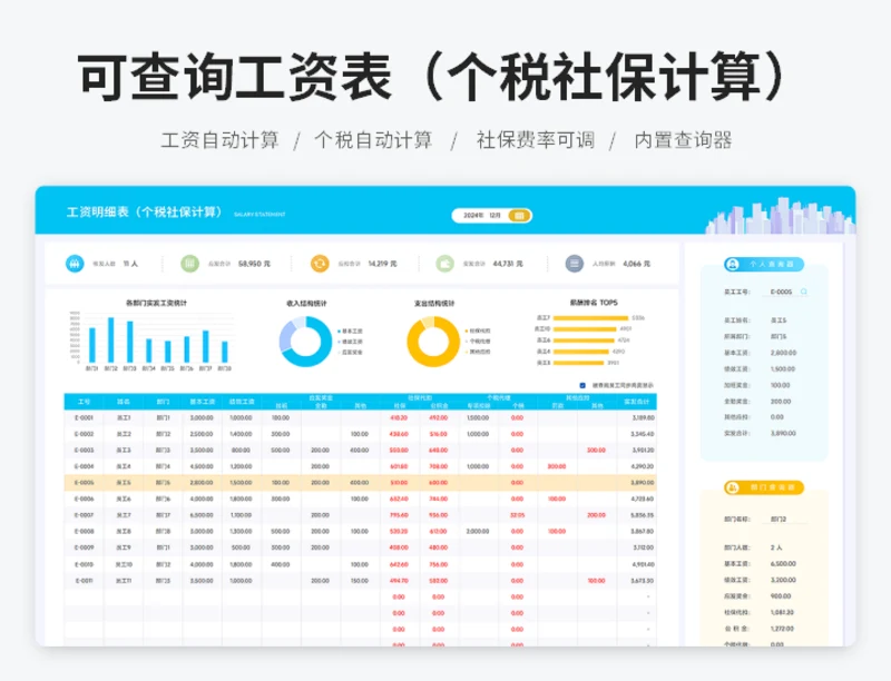 可查询工资明细表（个税社保计算）