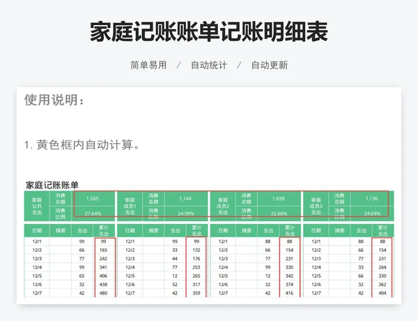 家庭记账账单记账明细表