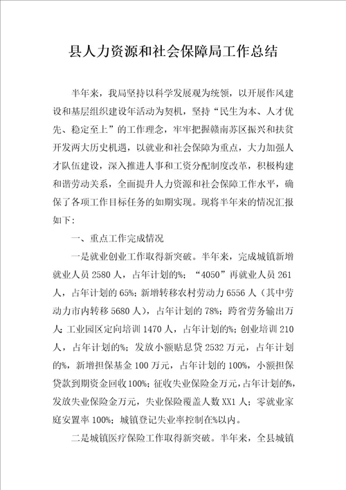 县人力资源和社会保障局工作总结