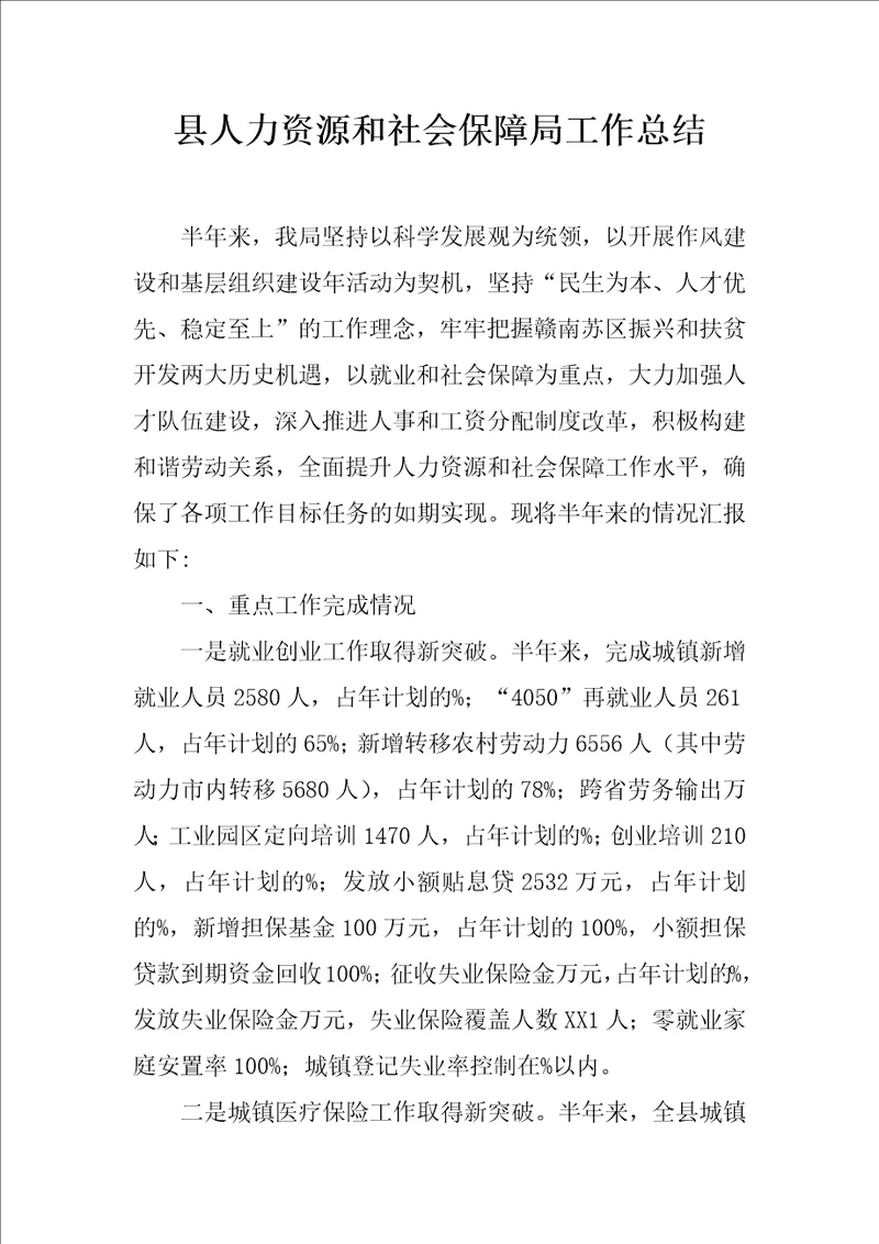 县人力资源和社会保障局工作总结