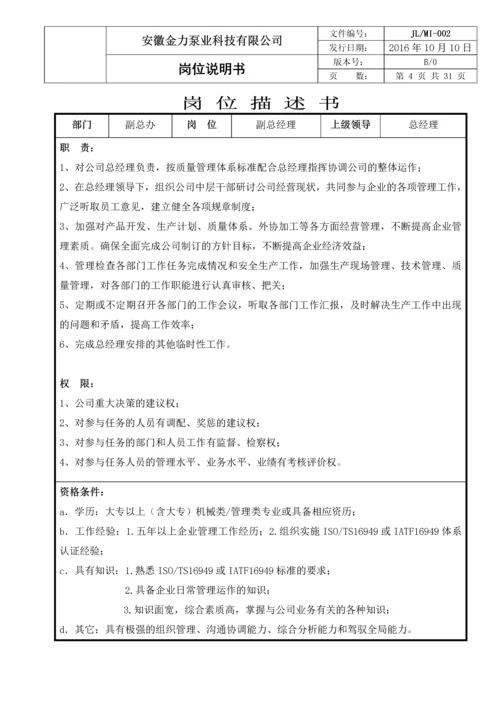 金力泵业科技有限公司岗位说明书.docx