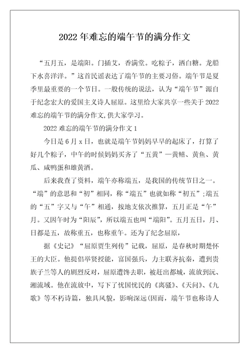 2022年难忘的端午节的满分作文