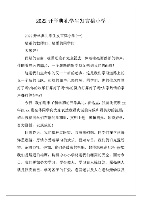 2022开学典礼学生发言稿小学