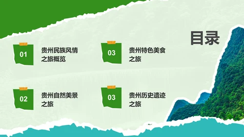 绿色摄影风贵州民族风情与自然美景之旅PPT模板
