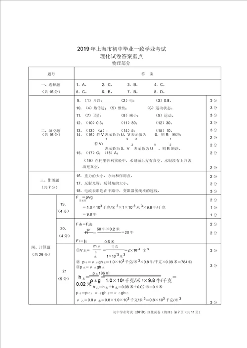 上海市中考教育物理习题及评分标准