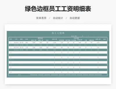 绿色边框员工工资明细表
