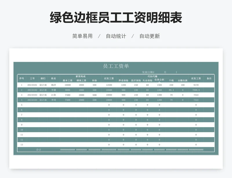 绿色边框员工工资明细表