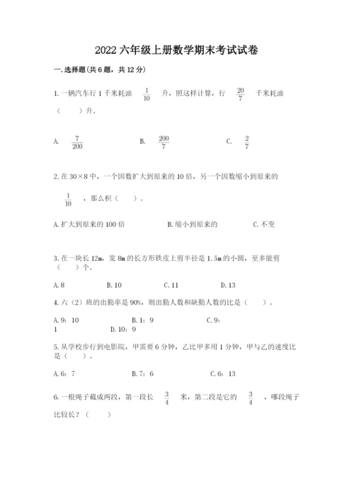 2022六年级上册数学期末考试试卷含完整答案【夺冠系列】.docx