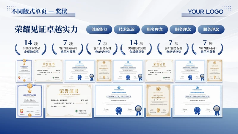 蓝色商务风6项荣誉奖状PPT单页