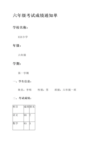 六年级考试成绩通知单