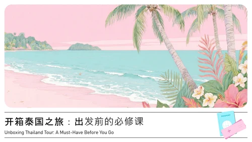 蓝粉色插画风泰国旅游攻略PPT模板