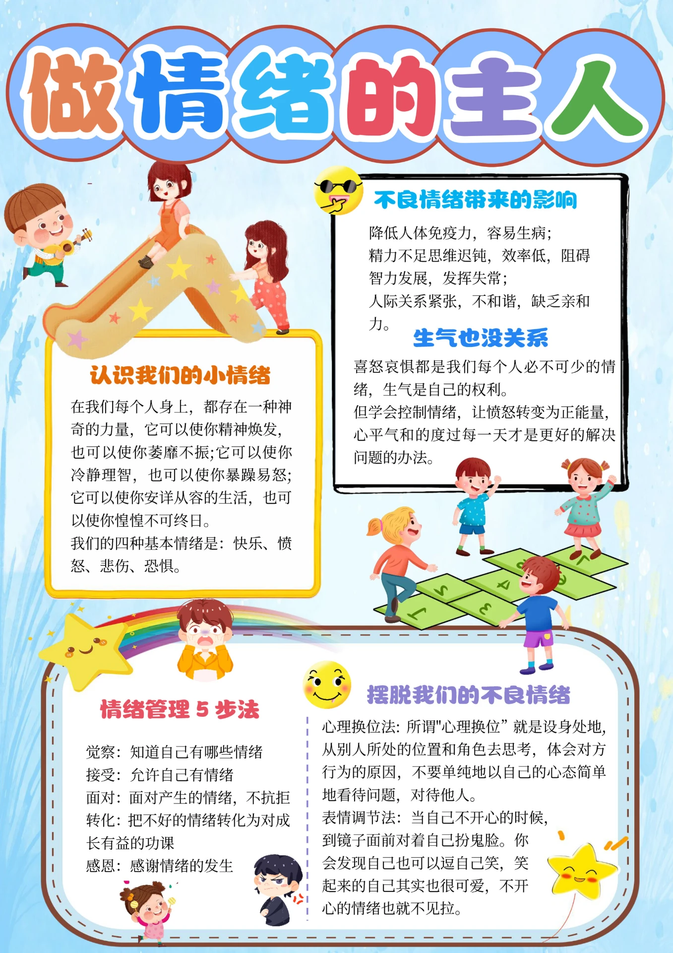 蓝色清新卡通做情绪的主人小报手抄报卡通小报手抄报世界精神卫生日