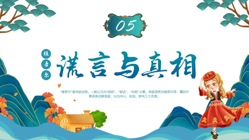 蓝绿色插画维吾尔族少数民族介绍学生PPT
