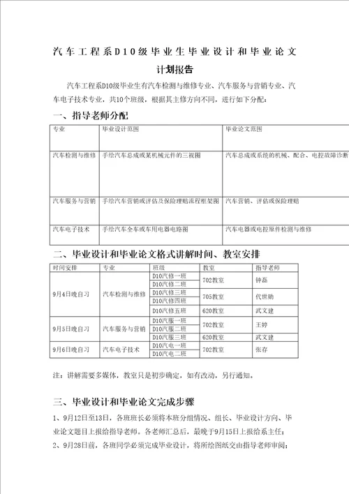 汽车系D级毕业生毕业设计和毕业论文计划报告