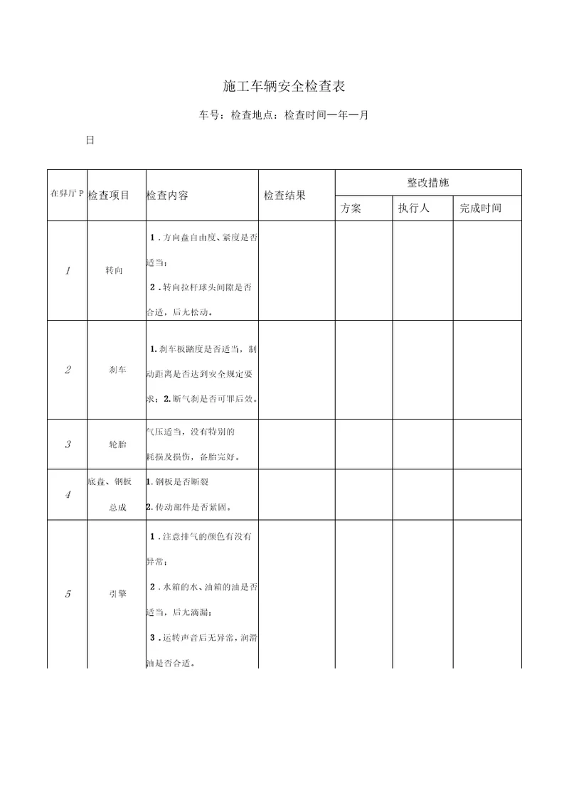 施工车辆安全检查表