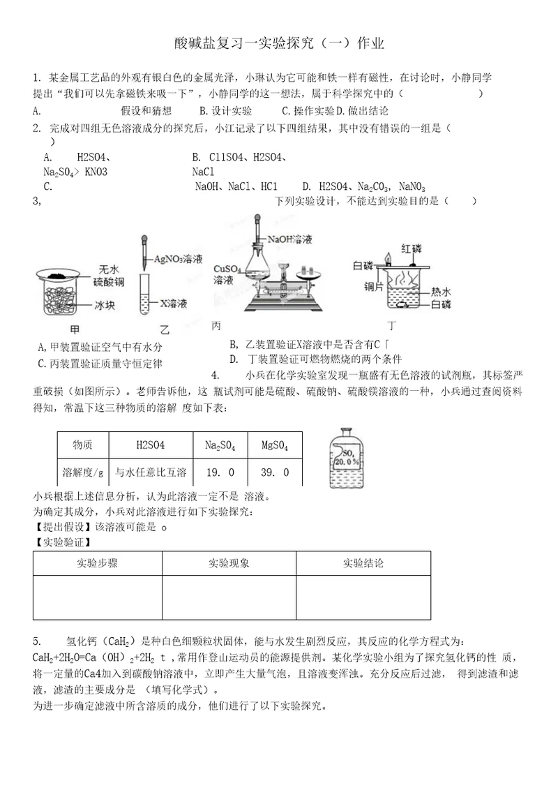 初中化学酸碱盐复习实验探究一作业作业