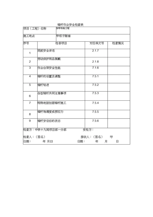 2019年整理隧道安全检查表