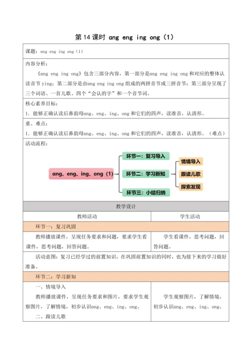 部编1A 第3单元 第14课 ang eng ing ong（1）教学设计