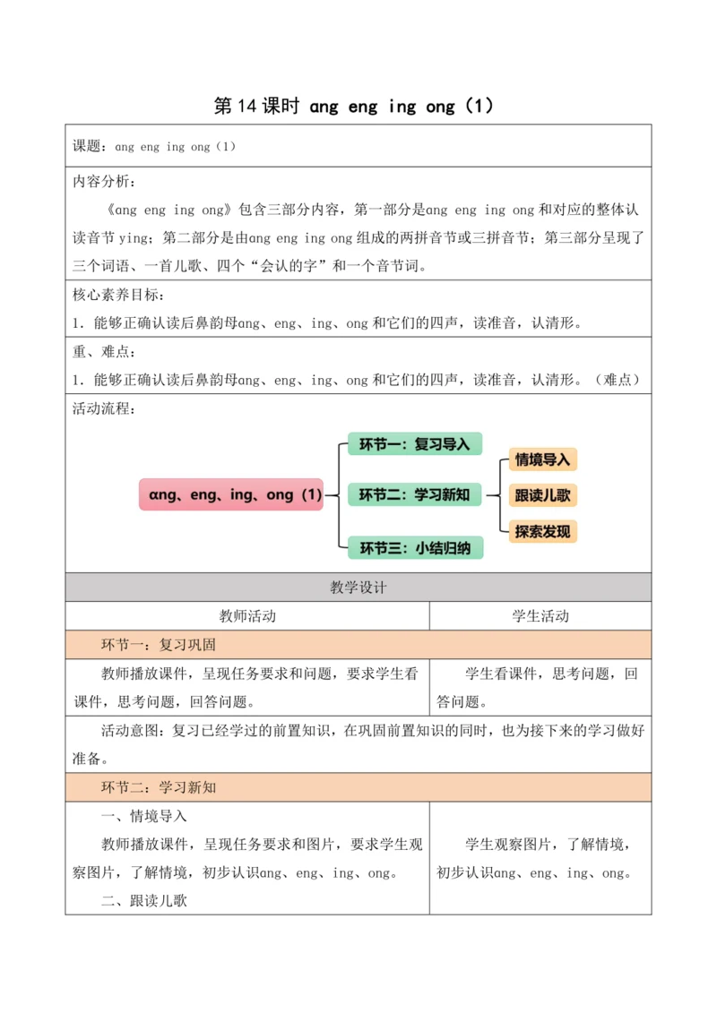 部编1A 第3单元 第14课 ang eng ing ong（1）教学设计