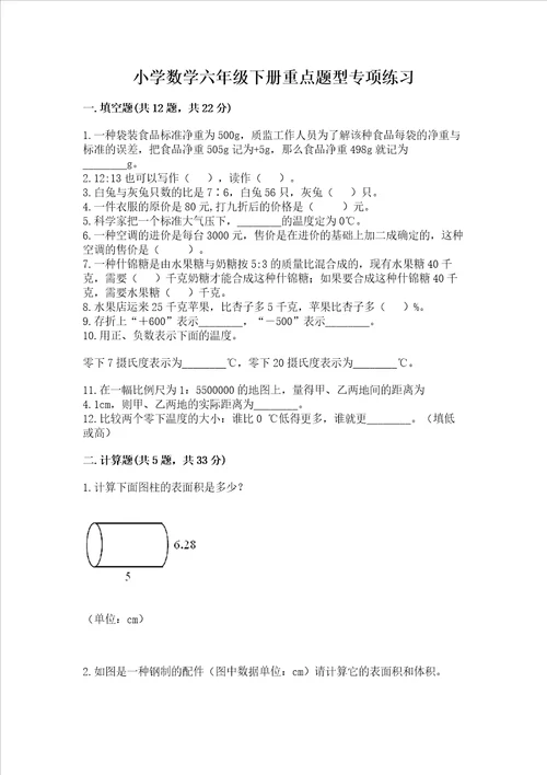 小学数学六年级下册重点题型专项练习带答案（精练）