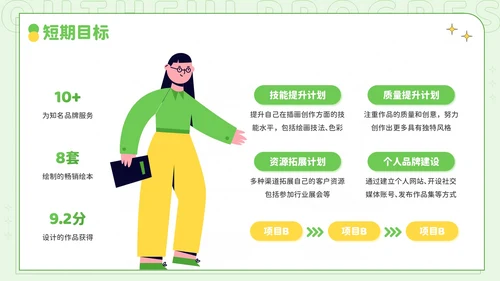 绿色插画风青春奋进职达高峰：插画师个人简历PPT模板