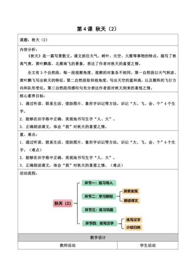 部编1A 第4单元 第4课 秋天（2）教学设计