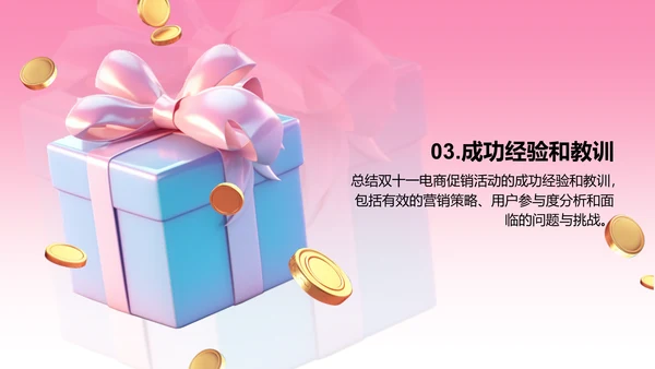 粉色3D创意酷炫双十一电商促销活动总结PPT模板