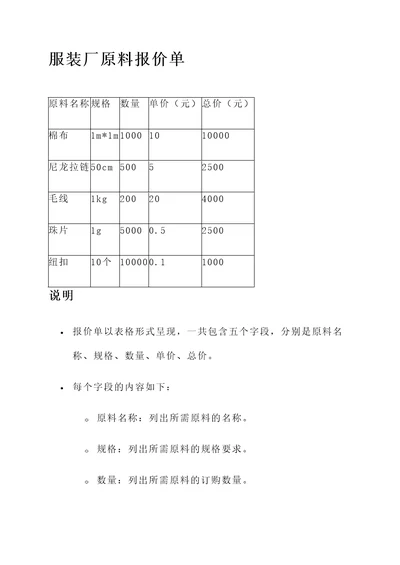 服装厂原料报价单