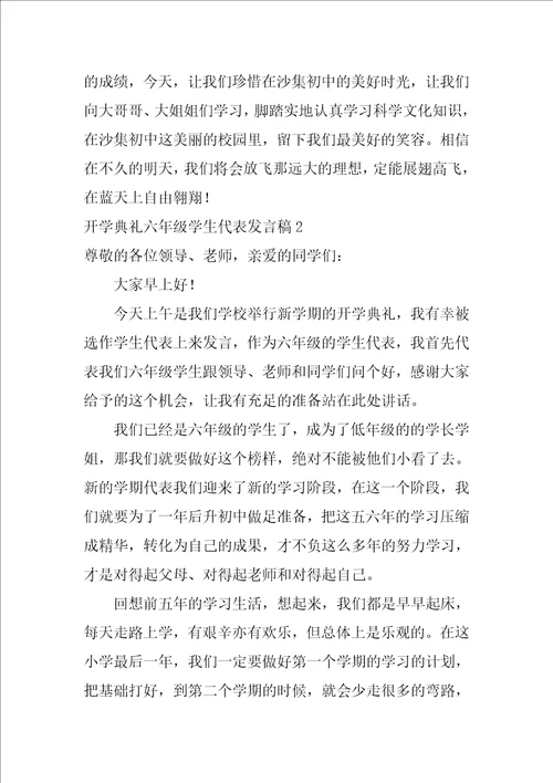 开学典礼六年级学生代表发言稿 发言稿