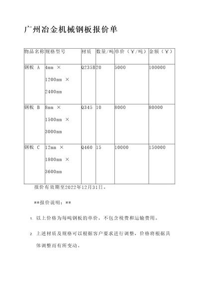 广州冶金机械钢板报价单