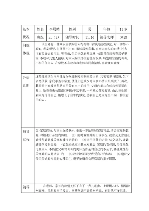 小学生心理健康咨询个案辅导记录表台账