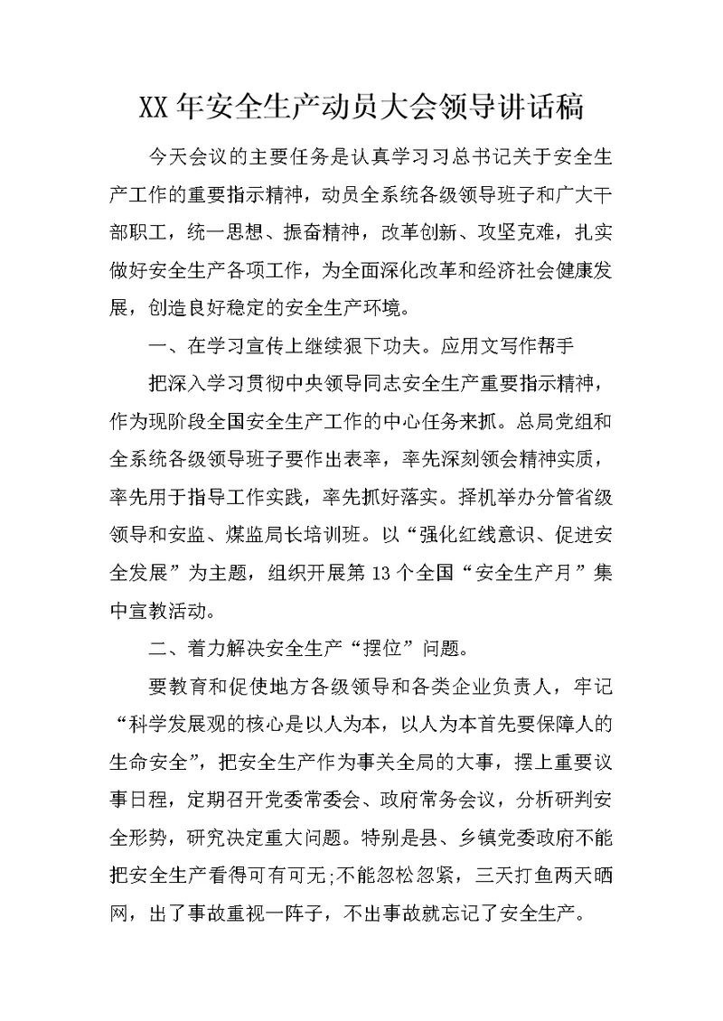 XX年安全生产动员大会领导讲话稿