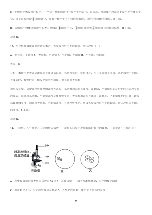 人教版2023初中生物七年级上册第二单元生物体的结构层次知识点梳理.docx