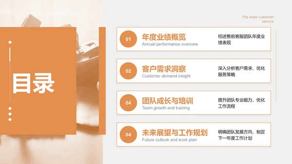 橙色商务风售前客服年终总结PPT模板