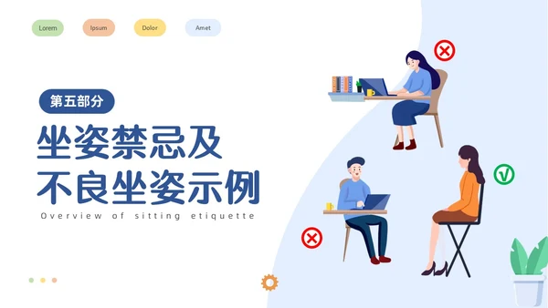 蓝色简约插画商务风礼仪培训之坐姿礼仪培训课件PPT