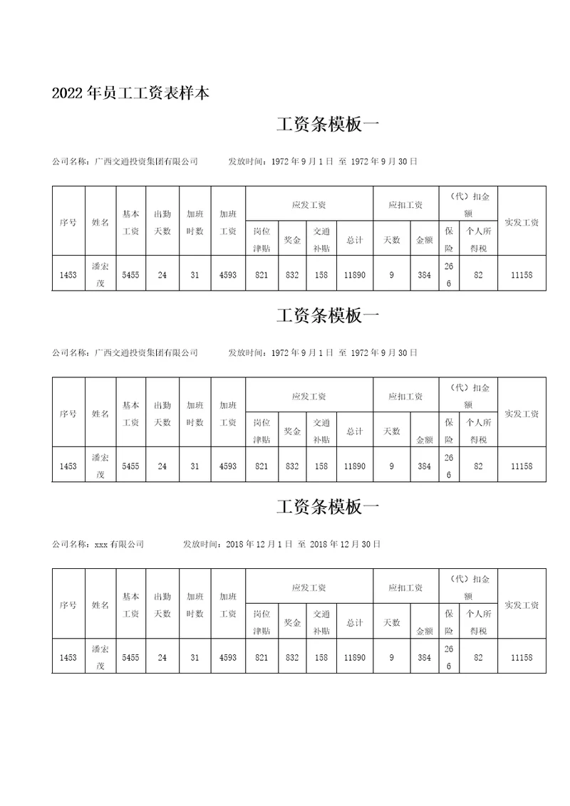 2022年员工工资表样本