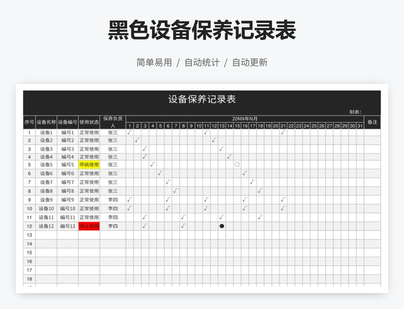 黑色设备保养记录表