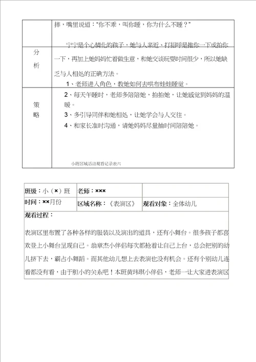 幼儿园小班区域活动观察记录表7篇