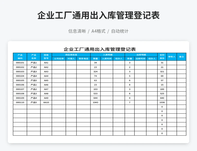 企业工厂通用出入库管理登记表