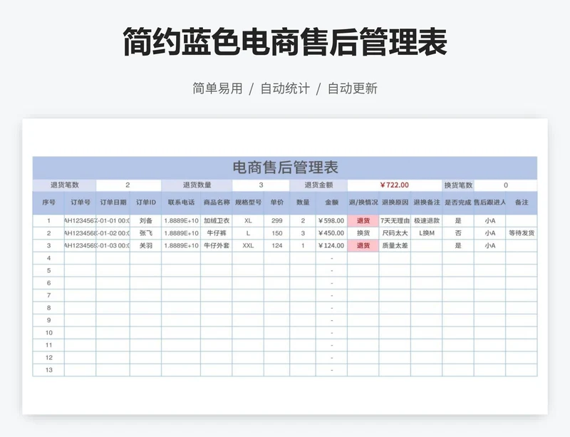 简约蓝色电商售后管理表