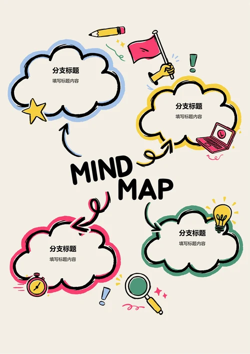 彩色手绘卡通树状基本思维导图
