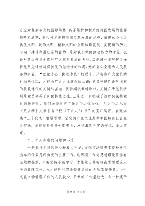 文化市场管理办公室稽查员党性分析材料 (6).docx