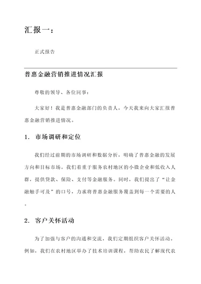 普惠金融营销推进情况汇报