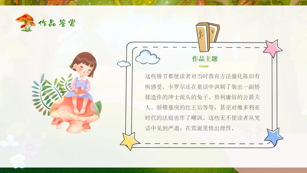 绿色插画卡通爱丽丝梦游仙境读书分享会PPT