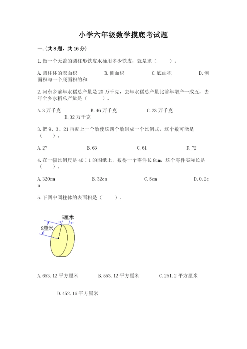 小学六年级数学摸底考试题含完整答案【考点梳理】.docx