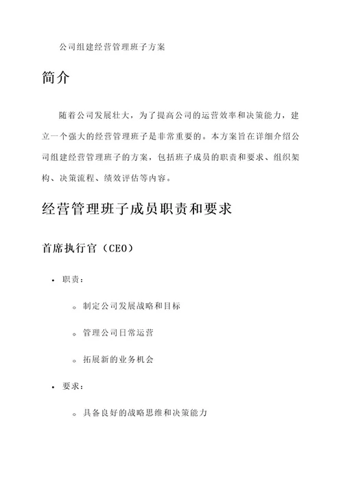 公司组建经营管理班子方案